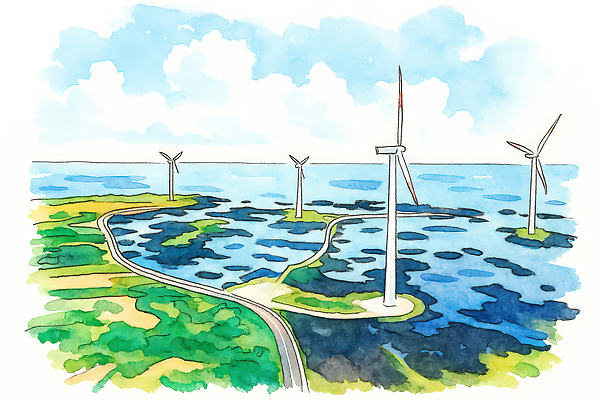 JPG 바다 일러스트 자연 바람 날씨 기술 해변 초록색 환경 에너지 발전 풍력에너지 전기에너지 그림 풍력발전소 재생에너지 제주도여행 국내일러스트 AI일러스트 AI콘텐츠 자연요소 컬러 여행 컨셉 제주도 발전소 그린에너지 생태계 파일형식