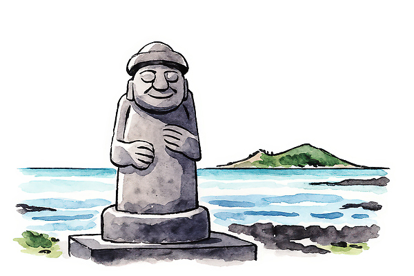 JPG 전통 문화 물결 예술 바다 섬 여행 일러스트 자연 하늘 수채화 풍경 해변 관광지 조각상 제주도 그림 석상 제주도여행 국내일러스트 AI일러스트 AI콘텐츠 한국 조형물 생태계 파일형식