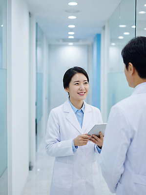 JPG 편집이미지 의학 건강 병원 대화 웃음 치료 스마트기기 진료 환자 의사 업무 복도 전문직 상담 의료성형뷰티 편집실사 AI인물포토 AI콘텐츠 직업 표정 말하기 전자제품 의료진 작업 CG 파일형식 AI포토