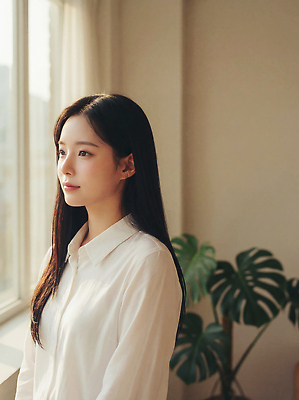 JPG 식물 편집이미지 응시 여자 포즈 실내 일상 햇빛 고요 방 분위기 창가 의료성형뷰티 스타일 차분 편집실사 AI인물포토 AI콘텐츠 시선 컨셉 창문 사람 내부 라이프 태양 CG 파일형식 AI포토