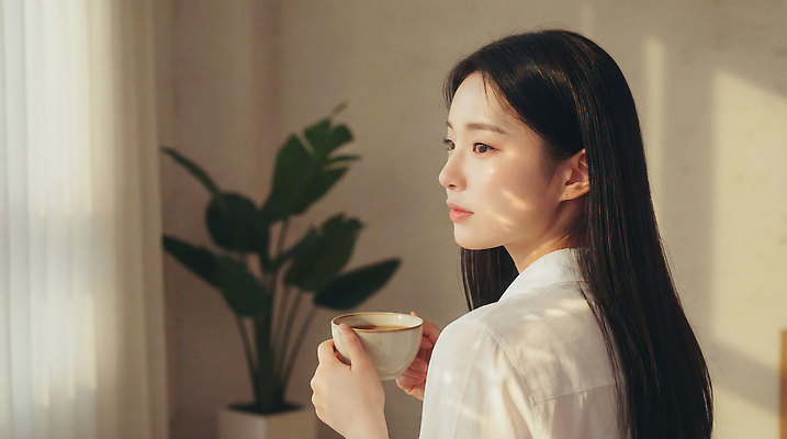 JPG 식물 편집이미지 여자 커피 컬러 생각 탁자 실내 햇빛 편안함 창가 순간 의료성형뷰티 편집실사 AI인물포토 AI콘텐츠 음료 가구 창문 사람 내부 태양 감각 CG 파일형식 AI포토