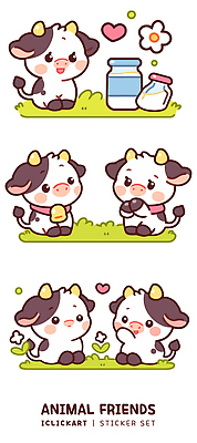 동물 캐릭터 디자인 꽃 어린이 컬러 스티커 일러스트 모션 자연 놀이 표정 초원 친구 농장 우유 젖소 국내일러스트 AI파일 식물 농업 관계 유제품 사람 소 생태계 파일형식 벡터