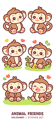 동물 캐릭터 디자인 어린이 컬러 백그라운드 스티커 일러스트 표정 웃음 친구 귀여움 하트 원숭이 그림 국내일러스트 AI파일 모양 컨셉 포유류 관계 사람 파일형식 벡터