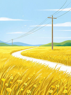 JPG 길 여행 농업 일러스트 자연 하늘 산 풍경 초원 여름 농장 금색 전기에너지 땅 전봇대 귀농 밀밭 밭길 풍경화 국내일러스트 AI일러스트 AI콘텐츠 계절 공공시설 산업 컬러 밭 에너지 밀 그림 생태계 파일형식