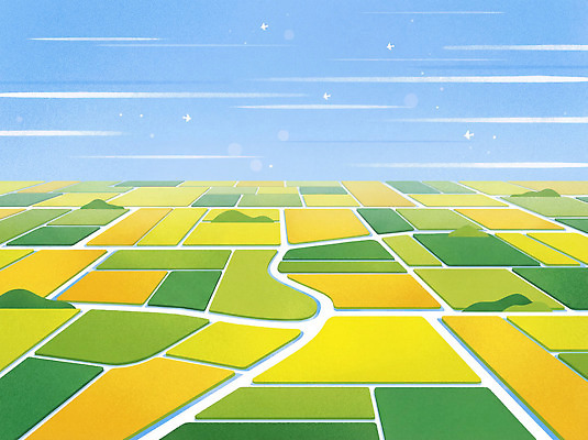 JPG 문화 길 컬러 농업 일러스트 자연 하늘 풍경 여름 파란색 농경지 노란색 희망 공간 농촌 땅 지역 구분 평야 국내일러스트 AI일러스트 AI콘텐츠 계절 감정 산업 농장 시골 생태계 파일형식