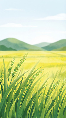 JPG 식물 계절 하늘색 밭 농업 일러스트 자연 하늘 바람 산 풍경 초원 일상 초록색 여름 노란색 농사 성장 벼 시골 국내일러스트 AI일러스트 AI콘텐츠 자연요소 산업 컬러 날씨 곡류 라이프 파란색 생태계 파일형식