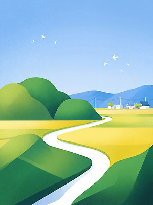 JPG 길 컬러 하늘색 일러스트 자연 조류 하늘 바람 산 풍경 초원 초록색 여름 강 마을 흐름 그림 평지 국내일러스트 AI일러스트 AI콘텐츠 자연요소 동물 계절 컨셉 날씨 파란색 땅 생태계 파일형식