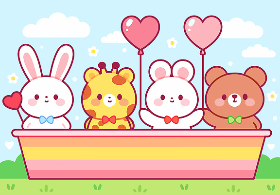 동물 컬러 백그라운드 일러스트 곰 놀이 하늘 함께함 사랑 웃음 친구 귀여움 토끼 기린 그림 하트풍선 국내일러스트 AI파일 감정 컨셉 포유류 관계 표정 반려동물 하트 풍선 파일형식 벡터