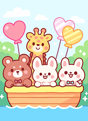 동물 캐릭터 행복 컬러 백그라운드 일러스트 곰 모션 자연 놀이 웃음 친구 귀여움 모임 토끼 기린 즐거움 풍선 국내일러스트 AI파일 감정 컨셉 포유류 관계 표정 반려동물 생태계 파일형식 벡터