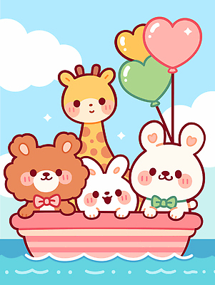 동물 캐릭터 컬러 백그라운드 일러스트 곰 자연 놀이 하늘 항해 친구 귀여움 모임 토끼 보트 기린 즐거움 풍선 국내일러스트 AI파일 감정 컨셉 배_교통 포유류 관계 반려동물 생태계 파일형식 벡터