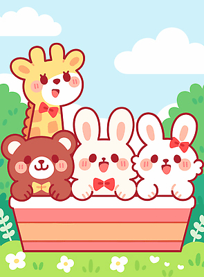 나무 동물 리본 컬러 포즈 백그라운드 일러스트 곰 자연 놀이 함께함 웃음 친구 귀여움 토끼 그룹 기린 조화 국내일러스트 AI파일 식물 컨셉 포유류 관계 표정 반려동물 생태계 파일형식 벡터