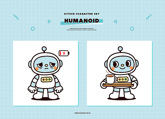 캐릭터 디자인 감정 음료 컬러 포즈 백그라운드 패턴 일러스트 미소 귀여움 슬픔 표현 로봇 그림 비율 공급 스타일 휴머노이드 키치 일러캐릭터 AI파일 컨셉 무늬 표정 파일형식 벡터