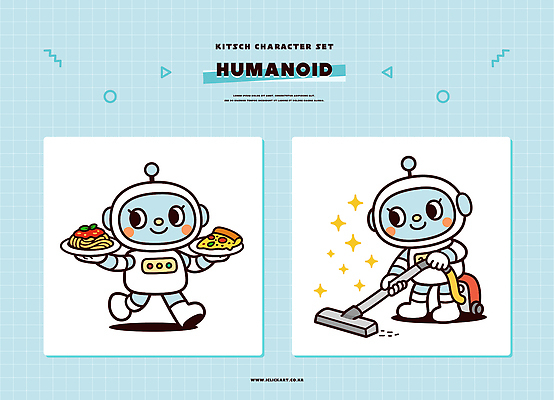 캐릭터 디자인 음식 일러스트 모션 요리 주방 표현 작업 청소 로봇 서비스 그림 청소기 설정 역할 휴머노이드 키치 일러캐릭터 AI파일 컨셉 전자제품 청소도구 파일형식 벡터