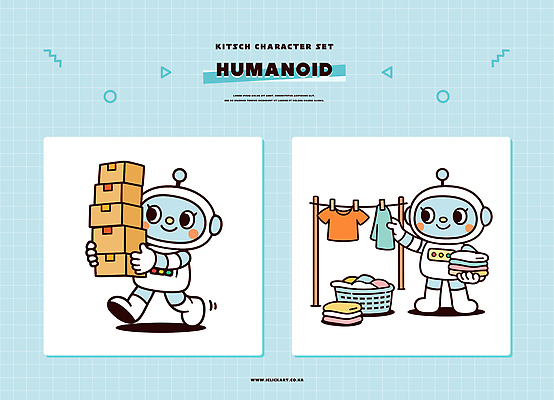 캐릭터 디자인 옷 패턴 일러스트 모션 일상 상자 장난감 구출 빨래 로봇 장면 정리 아이템 픽셀 스타일 휴머노이드 일러캐릭터 AI파일 가사 무늬 라이프 도움 파일형식 벡터