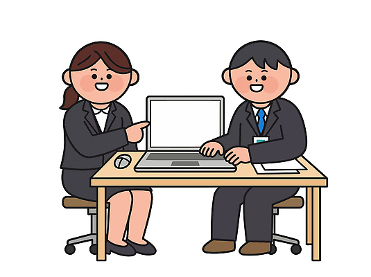 여자 남자 의자 일러스트 비즈니스 탁자 회의 커뮤니케이션 협력 직장 기술 대화 설명 정장 노트북 컴퓨터 사무실 정보 업무 사무 직장인 국내일러스트 AI파일 직업 옷 가구 회사 모션 말하기 사람 전자제품 작업 파일형식 벡터
