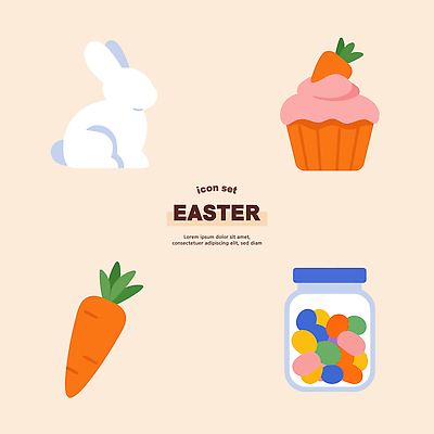 동물 디자인 음식 상징 컬러 일러스트 부활절 그래픽 세트 과자 당근 표현 토끼 달콤 컵케이크 심플 젤리 보험 비어있는 국내일러스트 AI파일 기념일 포유류 디저트 뿌리채소 반려동물 케이크 맛 파일형식 벡터