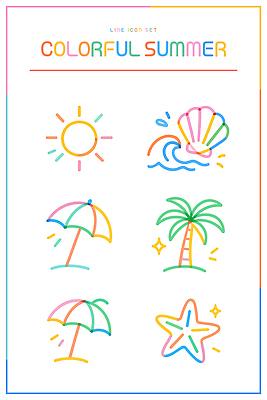 디자인 별 파도 바다 컬러 라인일러스트 일러스트 자연 조개 해변 그래픽 여름 여름휴가 야자수 태양 손그림 국내일러스트 AI파일 자연요소 나무 계절 휴가 어패류 생태계 파일형식 벡터 여름_계절