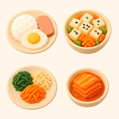 PSD 편집이미지 전통 그릇 한식 채소 식탁 밥 반찬 김치 요리 계란 식사 면류 맛 준비 나물 편집3D 식기 음식 컨셉 탁자 3D 알 파일형식