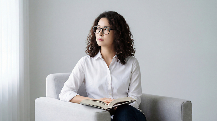 JPG 편집이미지 여자 안경 포즈 생각 모션 밝음 책 소파 독서 공간 시간 편안함 작가 집중 정리 의료성형뷰티 편집실사 AI인물포토 AI콘텐츠 직업 잡화 컨셉 의자 사람 감각 CG 파일형식 AI포토