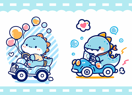 캐릭터 디자인 행복 어린이 일러스트 자동차 파란색 장난감 노란색 귀여움 유치원 드라이브 도전 아기 즐거움 공룡 그림 풍선 특별함 일러캐릭터 AI파일 교육 감정 육상교통 컬러 컨셉 파충류 사람 운전 파일형식 벡터