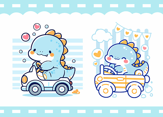 캐릭터 디자인 어린이 백그라운드 일러스트 모션 자동차 놀이 웃음 파란색 귀여움 줄무늬 운전 아기 즐거움 공룡 그림 장면 일러캐릭터 AI파일 감정 육상교통 컬러 컨셉 무늬 파충류 표정 사람 파일형식 벡터