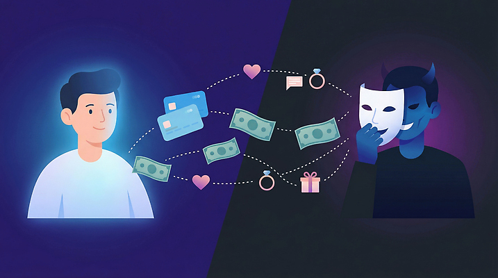 JPG 감정 상징 돈 일러스트 관계 모션 선물 사랑 가면 사람 거래 분위기 연결 전달 심리 사이버범죄 의사소통 국내일러스트 AI일러스트 AI콘텐츠 컨셉 범죄 재산 파일형식