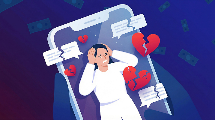 JPG 여자 감정 상징 돈 생각 일러스트 관계 스트레스 기술 사랑 스마트폰 스크린 고통 마음 메시지 문제 소통 깨짐 사이버범죄 소셜미디어 우울감 국내일러스트 AI일러스트 AI콘텐츠 컨셉 사람 핸드폰 스마트기기 범죄 재산 파일형식