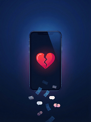 JPG 디자인 감정 백그라운드 일러스트 관계 빨간색 스마트폰 스크린 검은색 쪽지 하트 이별 고장 심볼 이미지 소통 깨짐 문자메시지 사이버범죄 채팅 국내일러스트 AI일러스트 AI콘텐츠 모양 컬러 컨셉 핸드폰 스마트기기 메시지 범죄 파일형식