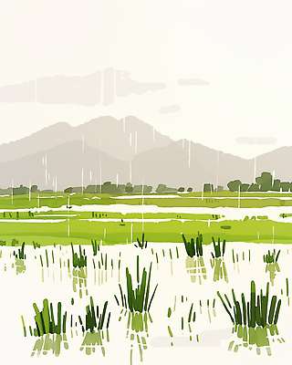 JPG 식물 농업 일러스트 자연 날씨 산 풍경 물 농작물 환경 농사 촉촉함 수확 성장 신선 작업 웅덩이 곡우 논밭 국내일러스트 AI일러스트 AI콘텐츠 자연요소 산업 밭 논 젖음 절기 생태계 파일형식