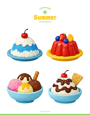 PSD 편집이미지 접시 음식 컬러 과일 딸기 아이스크림 디저트 여름음식 여름 조형물 초콜릿 체리 빙수 푸딩 바닐라 초코바 제철음식 편집3D 식기 계절 미술 3D 제철 파일형식 여름_계절