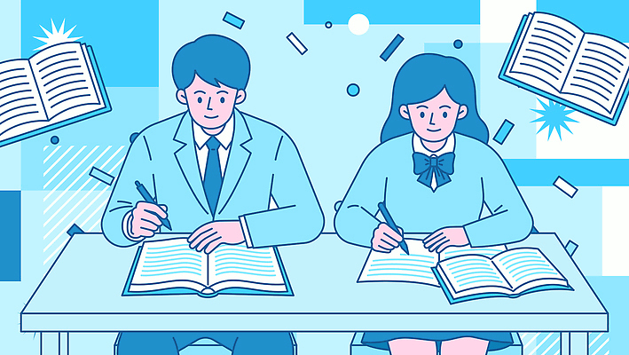 학생 디자인 여학생 교육 교복 남학생 백그라운드 일러스트 모션 정장 책 학습 필기구 사각형 정보 기록 집중 책상 문서 국내일러스트 AI파일 도형 옷 여자 남자 가구 컨셉 문구용품 파일형식 벡터