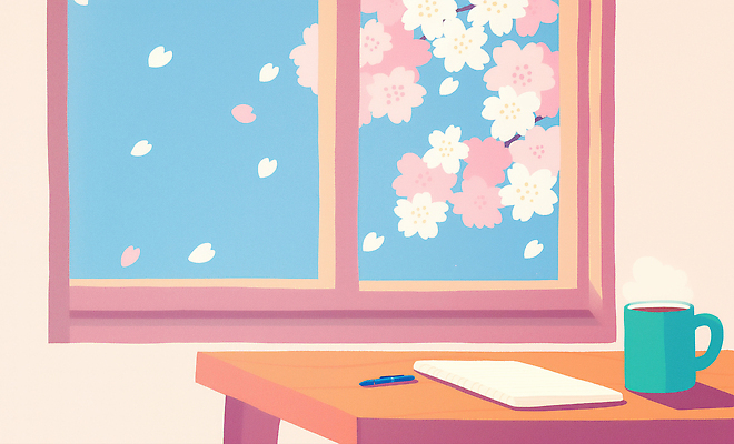 JPG 꽃 커피 일러스트 창문 자연 휴식 실내 풍경 일상 햇빛 펜 공책 봄 벚꽃 창가 책상 창밖 국내일러스트 AI일러스트 AI콘텐츠 식물 계절 음료 가구 컨셉 문구용품 내부 라이프 태양 필기구 생태계 파일형식