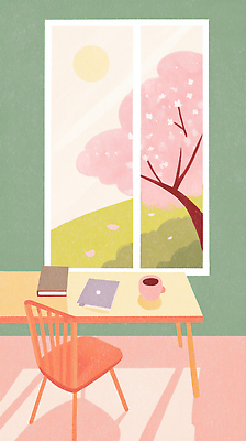 JPG 나무 꽃 의자 일러스트 봄꽃 창문 자연 휴식 주택 풍경 일상 생활 책 학습 햇빛 공책 봄 공간 방 책상 국내일러스트 AI일러스트 AI콘텐츠 식물 계절 교육 가구 컨셉 문구용품 건물 라이프 태양 생태계 파일형식