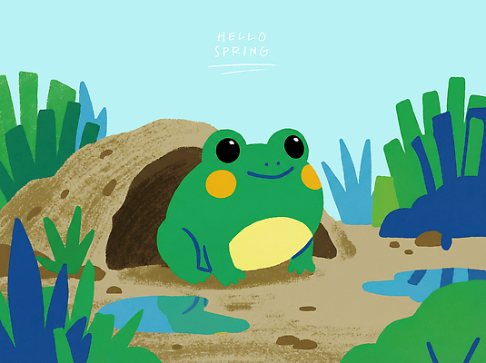 PSD 식물 동물 화분 컬러 일러스트 자연 하늘 생명 개구리 물 노란색 새싹 환경 봄 구멍 생태계 웅덩이 청록색 겨울잠 경칩 국내일러스트 자연요소 계절 양서류 잠 절기 파일형식