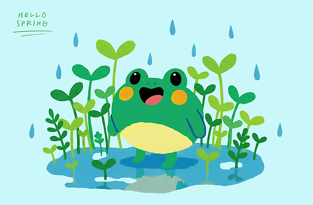 PSD 식물 행복 감정 백그라운드 일러스트 자연 생명 개구리 웃음 일상 초록색 물 새싹 환경 봄 봄비 장면 위치 겨울잠 가벼움 경칩 국내일러스트 자연요소 계절 컬러 표정 양서류 라이프 잠 비_날씨 무게 절기 생태계 파일형식