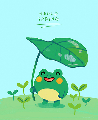 PSD 식물 동물 전통 컬러 잎 일러스트 자연 생명 동화 개구리 웃음 초원 새싹 환경 봄 봄비 즐거움 장면 겨울잠 경칩 국내일러스트 계절 감정 표정 양서류 잠 비_날씨 절기 생태계 파일형식