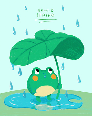 PSD 식물 동물 컬러 잎 일러스트 우산 자연 수채화 개구리 풍경 초록색 물 파란색 새싹 귀여움 봄 표현 봄비 그림 웅덩이 겨울잠 경칩 국내일러스트 자연요소 계절 컨셉 양서류 잠 비_날씨 절기 생태계 파일형식