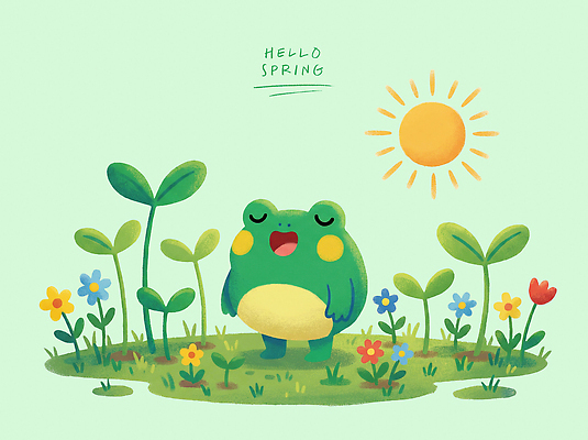 PSD 식물 동물 꽃 행복 컬러 일러스트 자연 생명 개구리 웃음 풍경 초원 초록색 햇빛 노란색 새싹 정원 봄 즐거움 그림 겨울잠 경칩 국내일러스트 계절 감정 표정 양서류 태양 잠 절기 생태계 파일형식