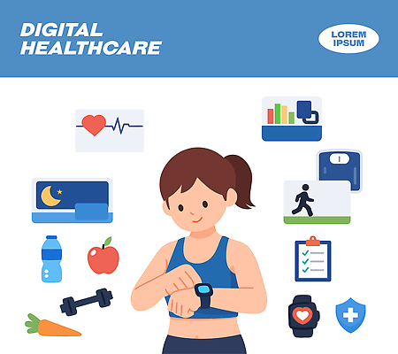 라이프스타일 시계 신체 일러스트 모션 그래프 건강 운동 건강관리 디지털 운동기구 헬스 자료 사과 물병 점검 체크리스트 국내일러스트 AI파일 과일 관리 생활 물통 파일형식 벡터