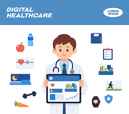 일러스트 의학 물 운동 건강관리 스크린 식사 자료 당근 의사 기록 사과 체중계 체크리스트 스마트워치 국내일러스트 AI파일 자연요소 과일 뿌리채소 건강 관리 스마트기기 의료진 웨어러블 파일형식 벡터