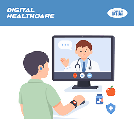 남자 일러스트 의학 기술 건강 컴퓨터 약 스크린 모니터 의사 정보 사과 상담 온라인 소통 웨어러블 원격의료 국내일러스트 AI파일 컨셉 과일 사람 전자제품 진료 의료진 원격 파일형식 벡터