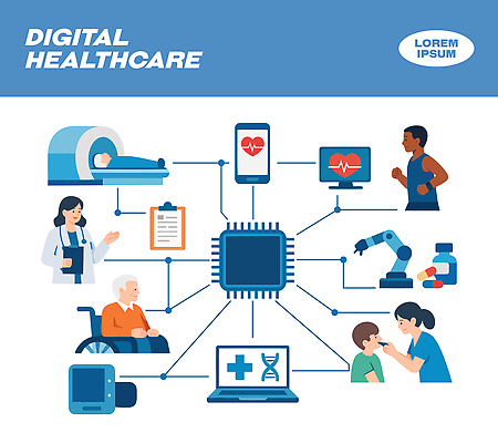 일러스트 기술 건강 치료 운동 건강관리 자료 기계 진료 환자 의사 정보 반응 소프트웨어 웨어러블 원격의료 AI_인공지능 국내일러스트 AI파일 의학 관리 의료진 원격 파일형식 벡터