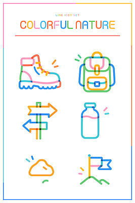 디자인 선 컬러 여행 신발 일러스트 배낭 모션 자연 물 세트 등산 하이킹 깃발 표지판 방향 그림 등산로 국내일러스트 AI파일 자연요소 가방 레저 알림판 트래킹 생태계 파일형식 벡터