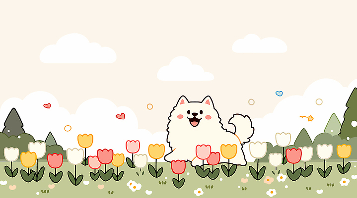나무 꽃 행복 컬러 일러스트 자연 풍경 잔디 반려동물 귀여움 봄 산책 기쁨 튤립 강아지 일러캐릭터 AI파일 식물 동물 캐릭터 계절 감정 컨셉 휴식 개 생태계 파일형식 벡터