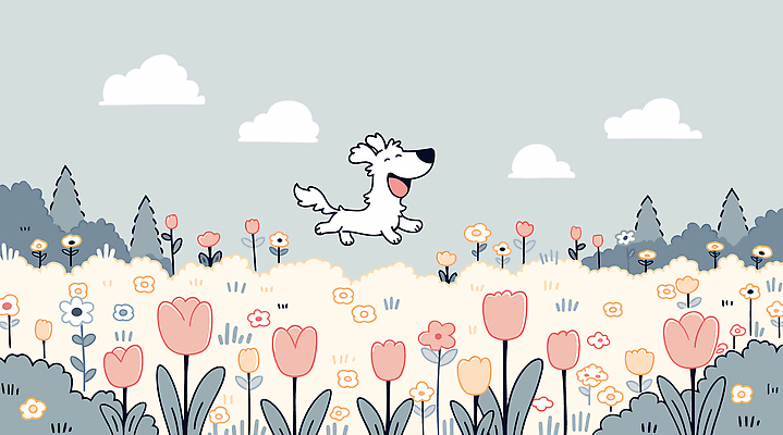동물 꽃 행복 컬러 꽃밭 일러스트 자연 하늘 피곤 풍경 잔디 초록색 여름 달리기 소풍 귀여움 봄 강아지 동산 일러캐릭터 AI파일 식물 캐릭터 계절 감정 컨셉 모션 반려동물 야외활동 개 생태계 파일형식 벡터