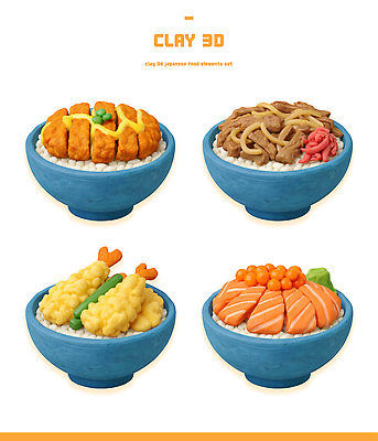PSD 편집이미지 음식 컬러 재료 디저트 요리 세트 3D 미니어처 해산물 그림 덮밥 점토 일본음식 편집3D 모형 디지털합성 파일형식