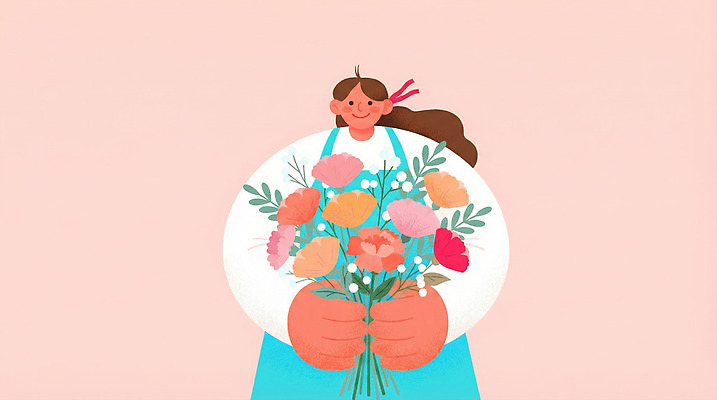 JPG 식물 디자인 여자 꽃 행복 감정 분홍색 컬러 꽃다발 포즈 백그라운드 일러스트 봄꽃 안기 모션 자연 웃음 소녀 양손 단순화된 생화 국내일러스트 AI일러스트 AI콘텐츠 손 어린이 표정 사람 봄 생태계 파일형식