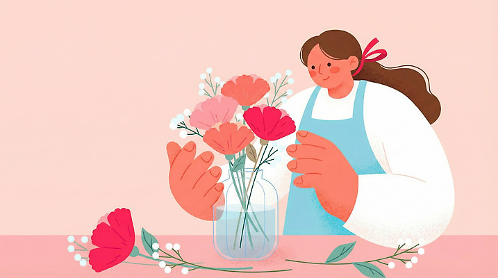 JPG 식물 긴머리 손 디자인 꽃 분홍색 백그라운드 일러스트 봄꽃 가정 모션 자연 유리병 사람 일상 장식 정원 작업 꽃꽂이 준비 그림 생화 국내일러스트 헤어스타일 컬러 병_용기 라이프 신체부위 봄 생태계 원예 파일형식