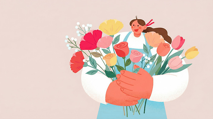 JPG 손 여자 꽃 분홍색 컬러 꽃다발 포즈 백그라운드 일러스트 봄꽃 모션 미소 사람 일상 빨간색 노란색 흰색 원형 그림 목소리 금요일 국내일러스트 AI일러스트 AI콘텐츠 도형 식물 표정 라이프 신체부위 봄 요일 파일형식