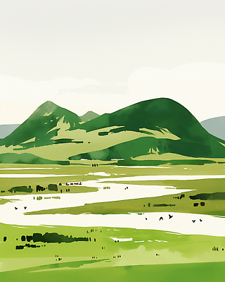 JPG 식물 여행 일러스트 자연 생물 산 풍경 초원 초록색 강 환경 탐험 지형 지역 춘분 평야 풍경화 전경 산맥 국내일러스트 AI일러스트 AI콘텐츠 컬러 절기 그림 생태계 파일형식 탑뷰